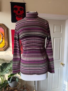 Vintage Retro 90’s Jones New York Striped Ribbed Turtleneck Pink Cream & Black